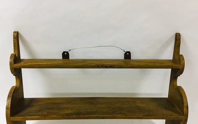 Mustard-painted Pine Shaped-end Two-tier Hanging Shelf, late 20th century, ht. 24, wd. 35 in.