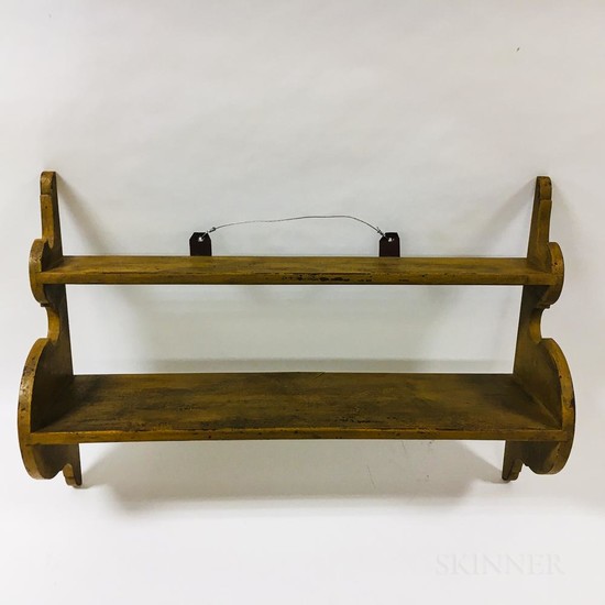 Mustard-painted Pine Shaped-end Two-tier Hanging Shelf, late 20th century, ht. 24, wd. 35 in.