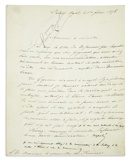 (NAPOLÉON.) Three items: Napoléon Jérôme Bonaparte. Letter Signed * Napoléon Eugène Louis Bonaparte....