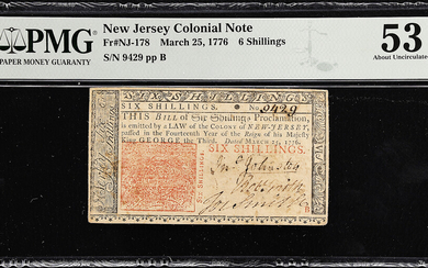 NJ-178. New Jersey. March 25, 1776. 6 Shillings. PMG About Uncirculated 53.