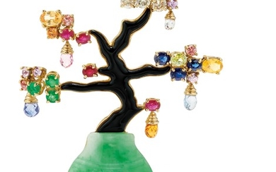 Nardi, A Jade, Diamond, Enamel, Gem-Set and Gold Brooch
