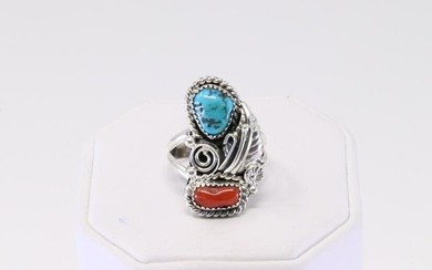 Native America Navajo Handmade Sterling Silver Coral / Turquoise Ring By L.Spencer.