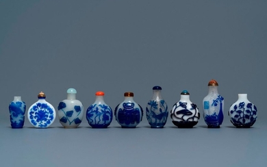 Nine various Chinese blue overlay and transparent glass...