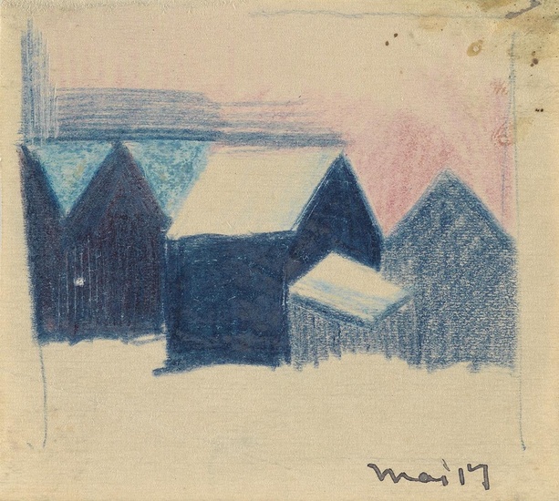 OSCAR BLUEMNER Houses, Rooftops and River. Color pencils on paper, 1917. 70x78 mm;...
