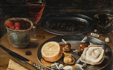 OSIAS BEERT I WORKSHOP (c.1580 - 1623-24) "Still life with fruits, glasses, knife, cheese and...