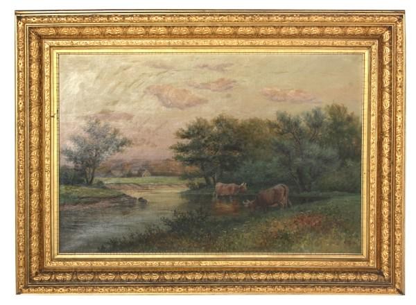Oil On Canvas Pastoral Scene With Cows