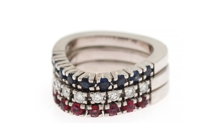 Ole Lynggaard: Three rings respectively set with numerous brilliant-cut diamonds and circular-cut rubies and sapphires, mounted in 14k white gold. Size app. 50.