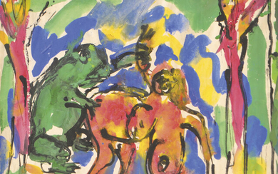 Otto Mühl Nudo femminile con animale, 1984;Guazzo, 35 x 40,7 cm, in cornice...