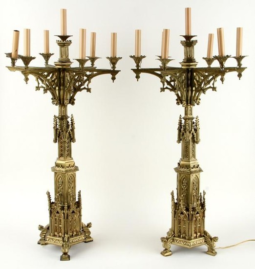 PAIR ELECTRIFIED GOTHIC STYLE BRONZE CANDLESTICKS