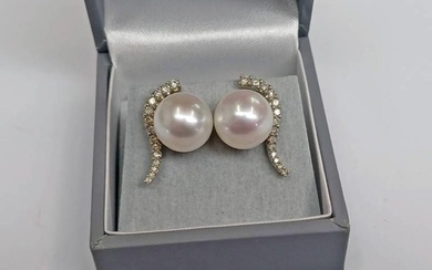 PAIR OF 14K GOLD CULTURED PEARL & DIAMOND SET EARRINGS, THE ...