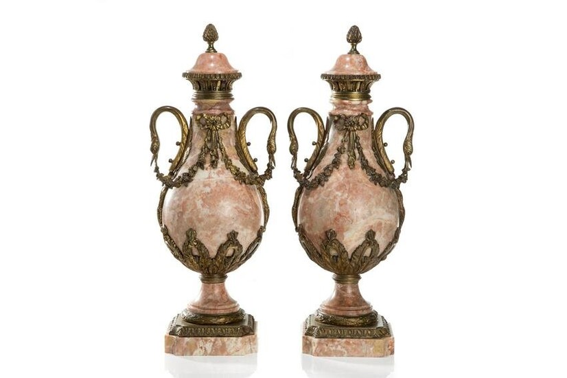 PAIR OF 19th C FRENCH PINK MARBLE URNS