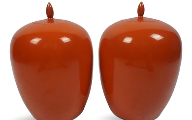 PAIR OF CHINESE IRON-RED-GLAZED MONOCHROME COVERED JARS, CIRCA 1900, Height: 12 3/4 in. (32.4 cm.)