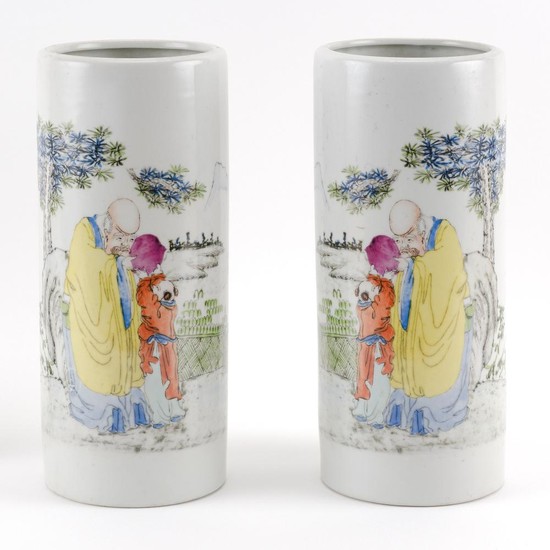 PAIR OF CHINESE PORCELAIN CYLINDRICAL VASES Decoration of a sage and a child. Heights 11.6".