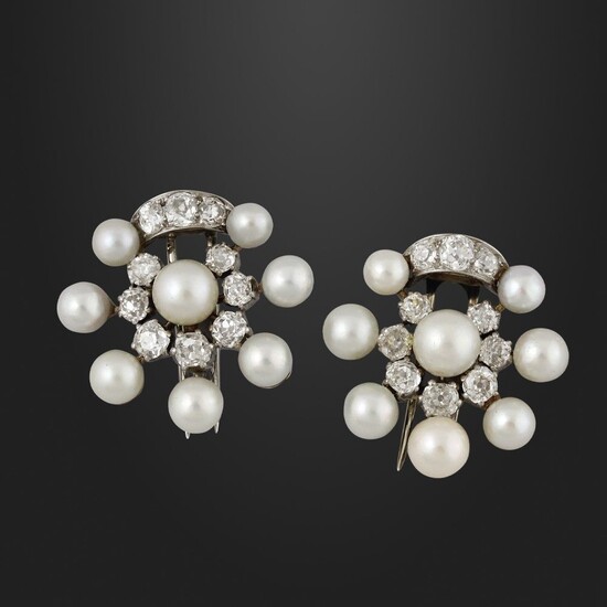 PAIR OF DIAMOND, PEARL, PLATINUM AND GOLD BROOCHES