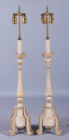 PAIR OF DISTRESSED PAINTED WOOD ALTAR STYLE CANDLESTICKS