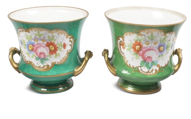 PAIR OF FRENCH PORCELAIN CACHEPOTS AND A PAIR OF GREEN PORCELAIN SCENT BOTTLES, CIRCA 1900 Height of cachepots: 5 1/4 in. (13.3 cm.), Height of bottles: 5 3/4 in. (14.6 cm.)