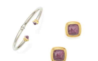 PAIR OF GOLD AND RUBY EARRINGS AND GOLD, WHITE METAL...