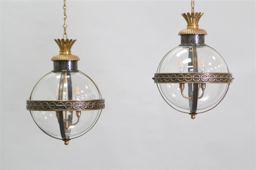PAIR OF NEOCLASSICAL STYLE BRASS PATINATED METAL LANTERNS