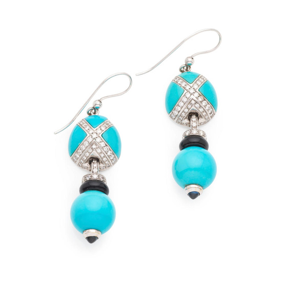 PAIR OF ONYX, TURQUOISE, SAPPHIRE AND DIAMOND PENDANT EARRINGS PAIR...