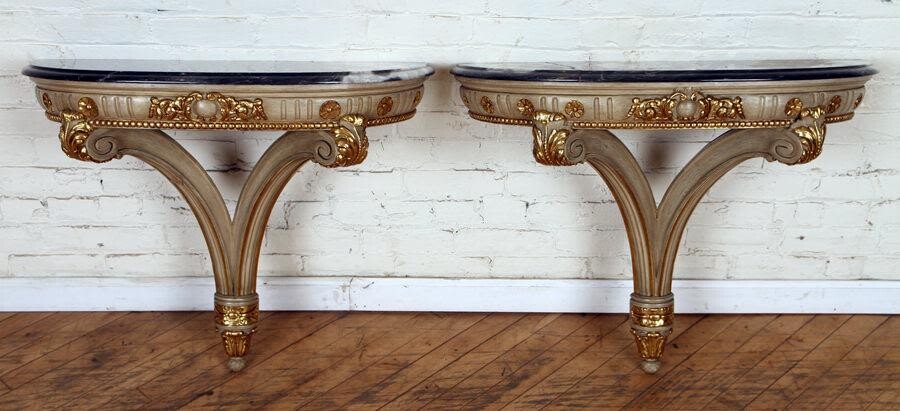 PAIR PAINTED GILT MARBLE TOP CONSOLE TABLES 1950