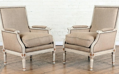 PAIR PAINTED GILT UPHOLSTERED BERGERE CHAIRS 1940