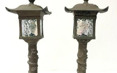 PAIR VINTAGE JAPANESE CAST METAL PAGODA FORM LAMPS