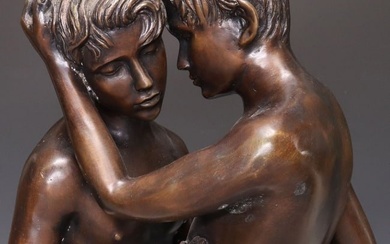 PATINATED BRONZE SCULPTURE SIGNED G. CHANEL, NUDE MALE LOVERS