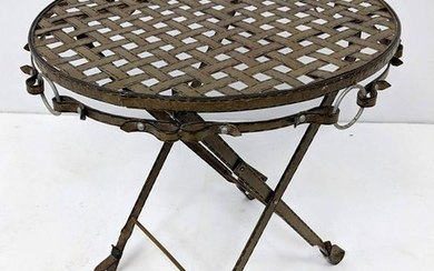 Painted Iron Folding Cafe Table. Leather strap design.