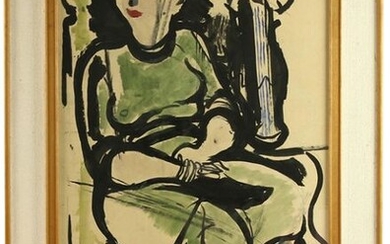 Paintings, engravings, etc. - Frans Hollaardt (1916-1993), seated woman in green dress, watercolour, signed and dated '56 - 65 x 42 cm