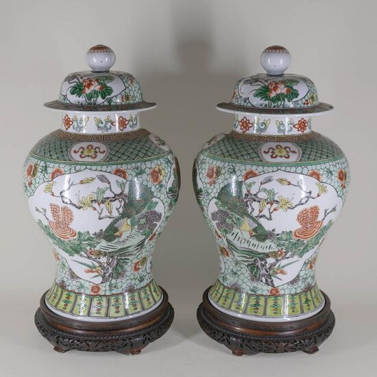 Pair Chinese Famille Verte Porcelain Covered Jars