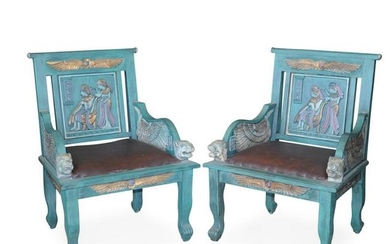 Pair Of Egyptian Revival Carved Wood Chairs