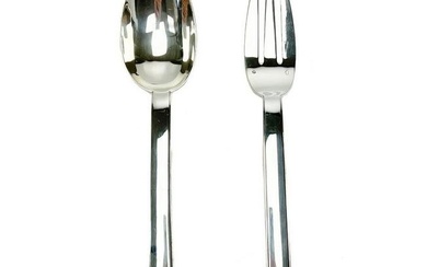 Pair Puiforcat France Sterling Silver Serving Spoon & Fork in Annecy with Box