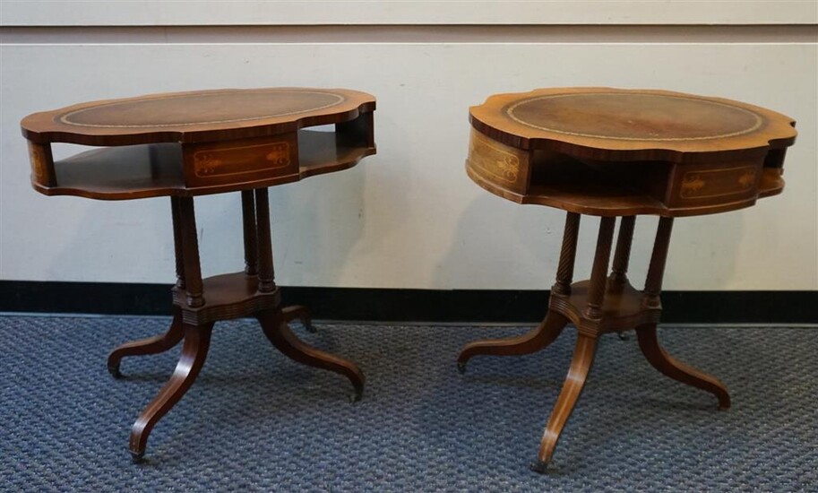 Pair Regency Style Gilt Tooled Leather Inset Marquetry Type Occasional Tables on Casters, H: 28-1/4, W: 30-1/4, D: 20 in