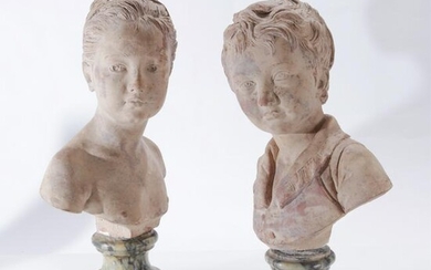 Pair Terra Cotta Busts of Children after Houdon
