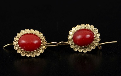 Pair of 14K gold earrings inlaid with corals