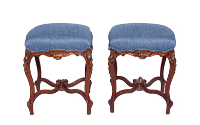 Pair of 19th Century Carved and Upholstered Stools