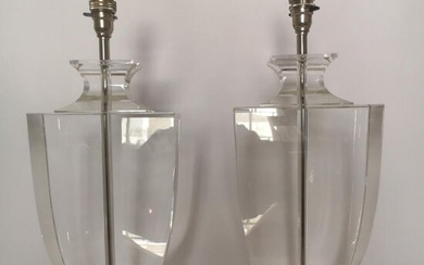 Pair of 20th century Art Deco style crystal glass lamps bases with modern wiring fully tested. Height 44cm, Width 20cm, Depth 17cm.