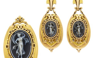 Pair of Antique Gold and Black Onyx Cameo Pendant-Earrings and Pendant-Brooch, France