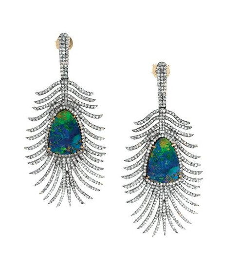 Pair of Black Opal and Diamond "Feather" Earrings