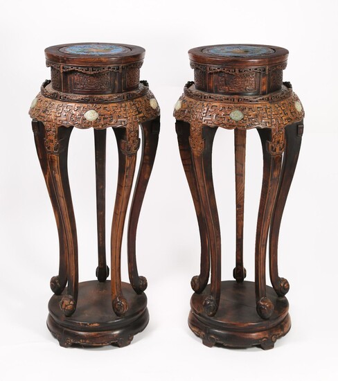 Pair of Chinese Cloisonne and Celadon Jade-Inlaid Carved Wood Stands, Modern CCW1EH