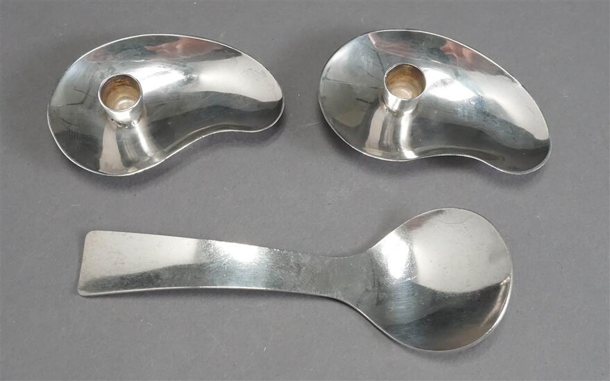 Pair of Codan Mexican Sterling Silver Small Candleholders and an Allan Adler Modern Sterling Silver Spoon, 3 oz