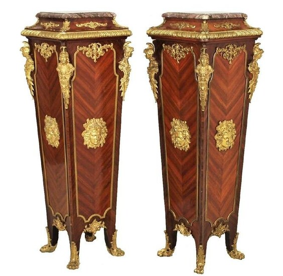 Pair of French Kingwood Marble Top Pedestals