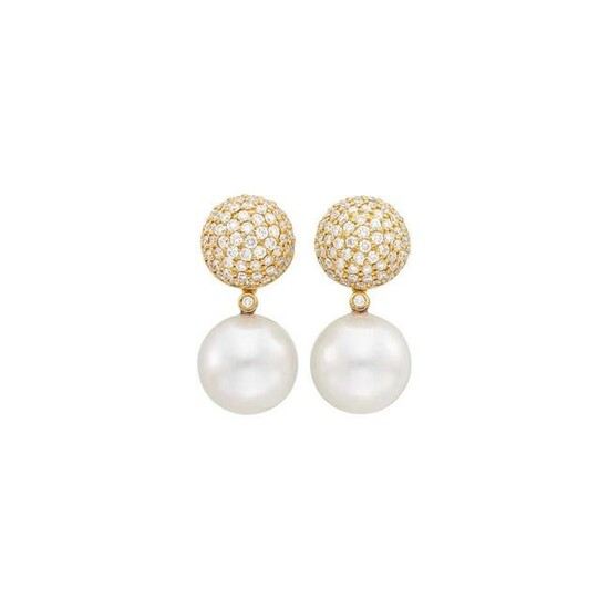 Pair of Gold, South Sea Cultured Pearl and Diamond