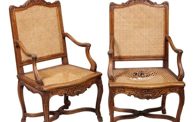 Pair of Louis XIV Style Caned Walnut Fauteuil, 19th c., the shell and acanthus scroll diapered crest