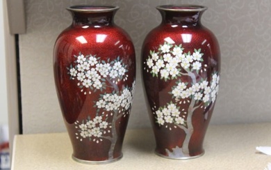Pair of Signed Japanese Yamamoto Cloisonne Vases