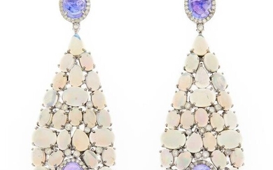 Pair of Silver, Opal, Cabochon Tanzanite and Diamond Pendant-Earrings