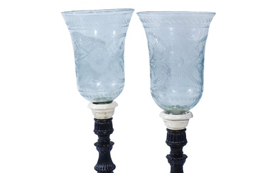 Pair of Victorian Ebony and Bone Candlesticks with Etched Glass Hurricane Shades, Anglo-Irish, Composed of 19th and 20th Century Elements