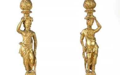 Pair of large carved and gilded wooden tripod torches decorated with caryatid "Diana" and "Orpheus". Period: 18th century. (* and **). H.:+/-172,5cm.