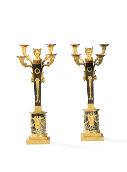 Pair of patinated and gilt-bronze candelabra, Empire, signed Rabiat | Paire de candélabres à tête de Mercure en bronze patiné et doré d'époque Empire signés Rabiat