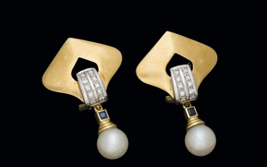Pearl, sapphire and diamond earrings